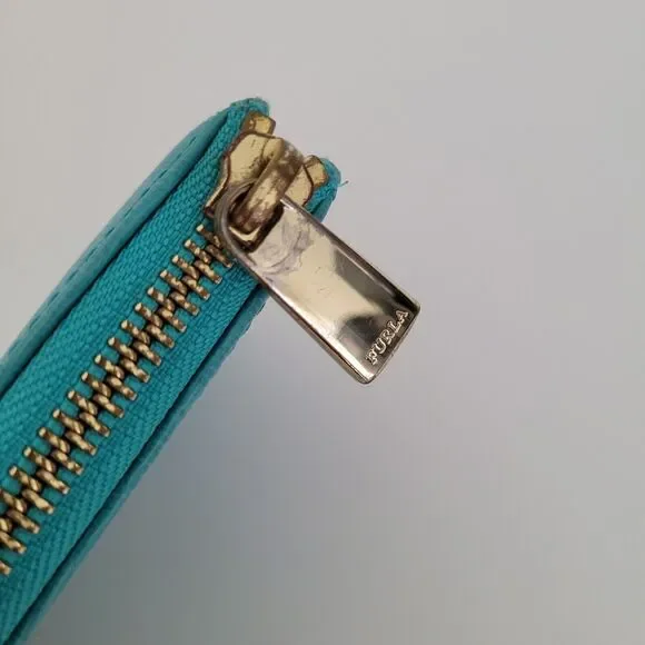 Furla Italian Zip Around Wallet Large Geniue Leather Tiffany Blue Designer Logo - Picture 8 of 10